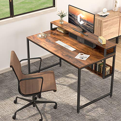 Cubiker Computer Home Office Desk, 47 Small Desk Table with Storage Shelf  and Bookshelf, Study Writing Table Modern Simple Style Space Saving Design